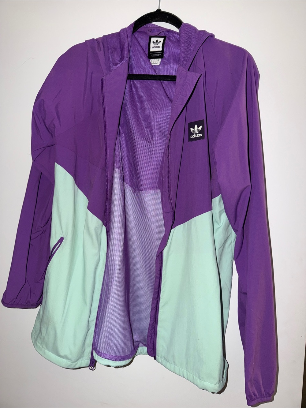 adidas Purple and Mint Colorblock Hooded Windbreaker Jacket